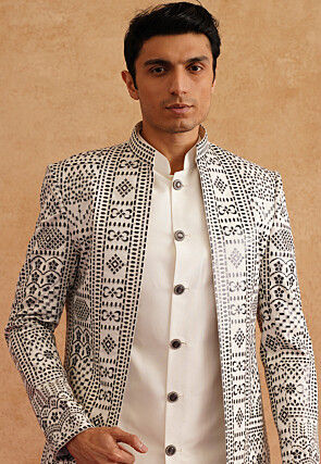 Embroidered Art Silk Sherwani in White