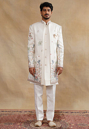 Embroidered Art Silk Sherwani in White
