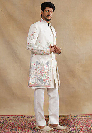 Embroidered Art Silk Sherwani in White