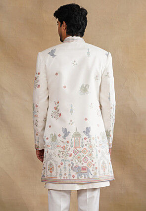 Embroidered Art Silk Sherwani in White