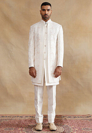 Embroidered Art Silk Sherwani in White
