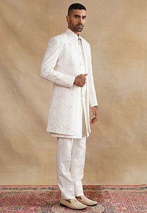Embroidered Art Silk Sherwani in White