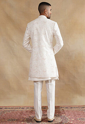 Embroidered Art Silk Sherwani in White