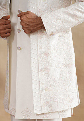 Embroidered Art Silk Sherwani in White