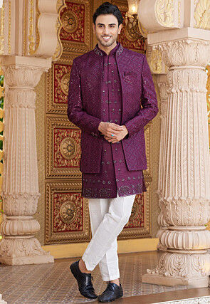 Embroidered Art Silk Sherwani in Wine