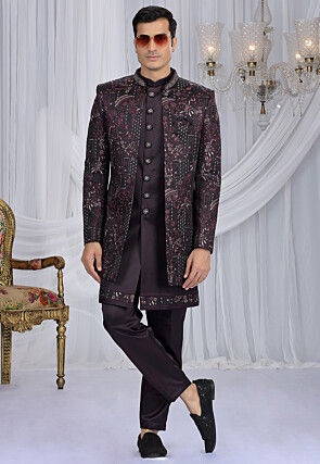 Embroidered Art Silk Sherwani in Wine