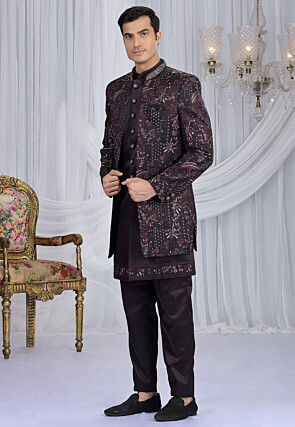 Embroidered Art Silk Sherwani in Wine