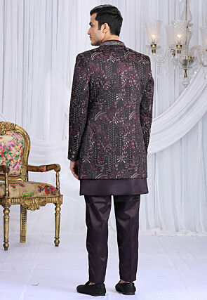 Embroidered Art Silk Sherwani in Wine