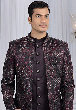 Embroidered Art Silk Sherwani in Wine