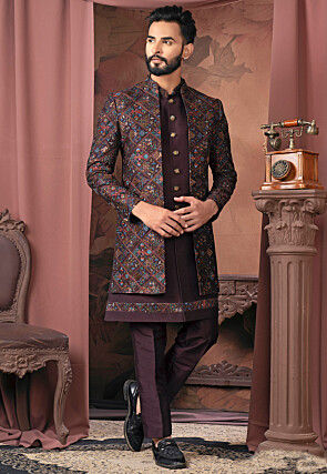 Embroidered Art Silk Sherwani in Wine