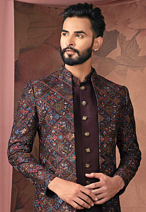 Embroidered Art Silk Sherwani in Wine
