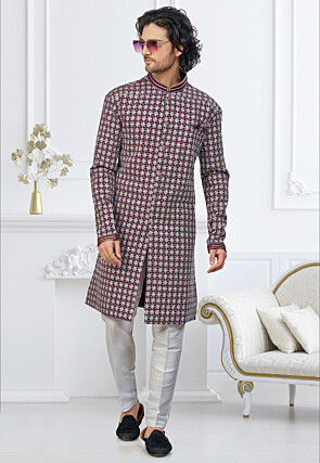 Embroidered Art Silk Sherwani in Wine
