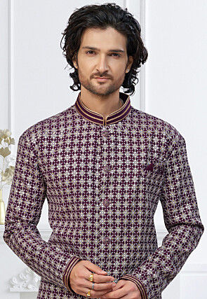 Embroidered Art Silk Sherwani in Wine