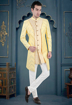 Embroidered Art Silk Sherwani in Yellow and Beige