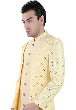 Embroidered Art Silk Sherwani in Yellow and Beige