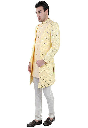 Embroidered Art Silk Sherwani in Yellow and Beige