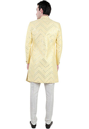 Embroidered Art Silk Sherwani in Yellow and Beige