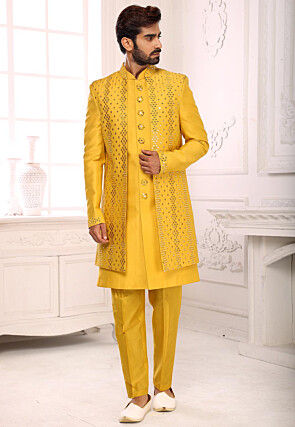 Embroidered Art Silk Sherwani in Yellow