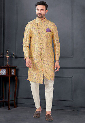 Embroidered Art Silk Sherwani in Yellow