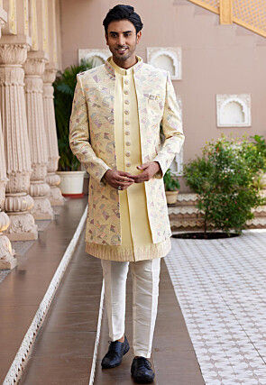 Embroidered Art Silk Sherwani in Yellow