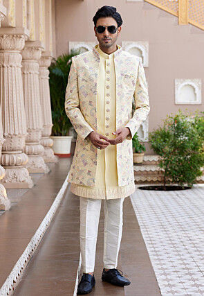 Embroidered Art Silk Sherwani in Yellow
