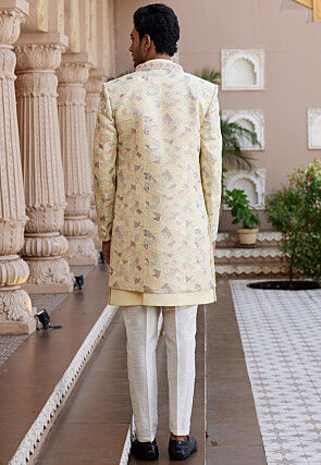 Embroidered Art Silk Sherwani in Yellow