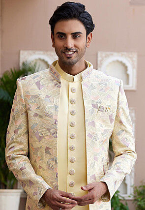 Embroidered Art Silk Sherwani in Yellow