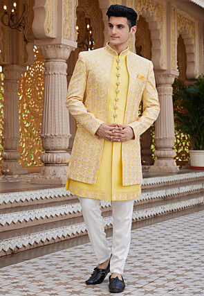 Embroidered Art Silk Sherwani in Yellow