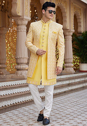 Embroidered Art Silk Sherwani in Yellow