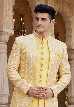 Embroidered Art Silk Sherwani in Yellow