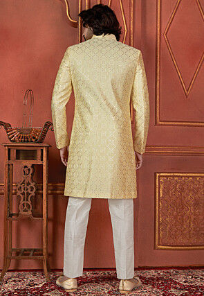 Embroidered Art Silk Layered Sherwani in Yellow