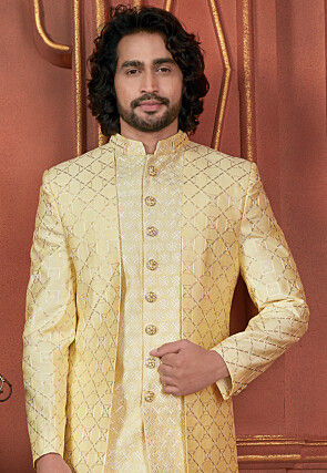 Embroidered Art Silk Layered Sherwani in Yellow