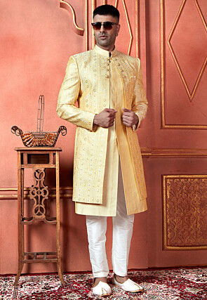 Embroidered Art Silk Layered Sherwani in Yellow