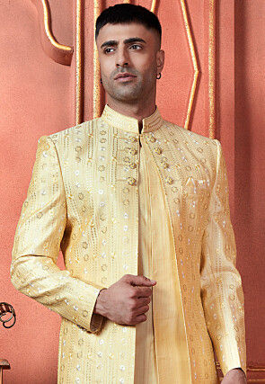 Embroidered Art Silk Layered Sherwani in Yellow