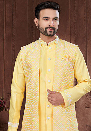 Embroidered Art Silk Sherwani in Yellow