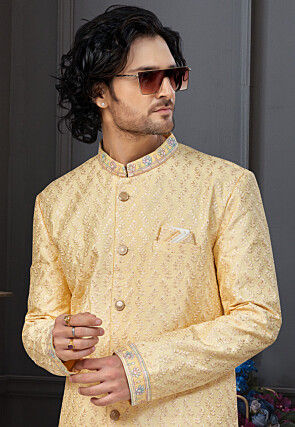 Embroidered Art Silk Sherwani in Yellow