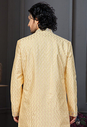 Embroidered Art Silk Sherwani in Yellow