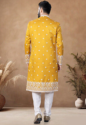 Embroidered Art Silk Sherwani in Yellow