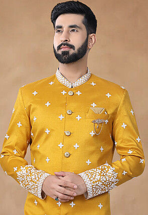 Embroidered Art Silk Sherwani in Yellow