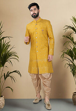 Embroidered Art Silk Sherwani in Yellow