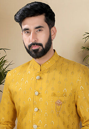 Embroidered Art Silk Sherwani in Yellow