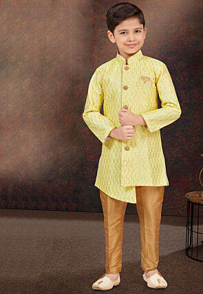 Embroidered Art Silk Sherwani in Yellow