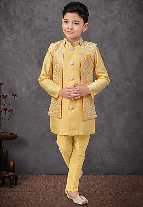 Embroidered Art Silk Sherwani in Yellow