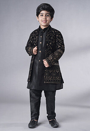 Embroidered Art Silk Sherwani Set in Black