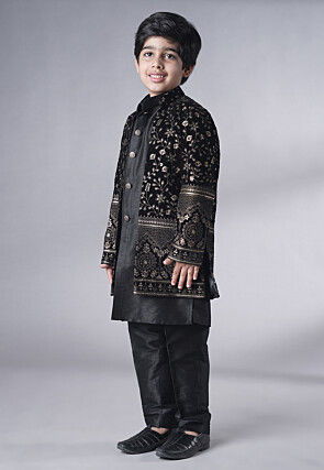 Embroidered Art Silk Sherwani Set in Black