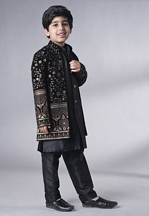 Embroidered Art Silk Sherwani Set in Black