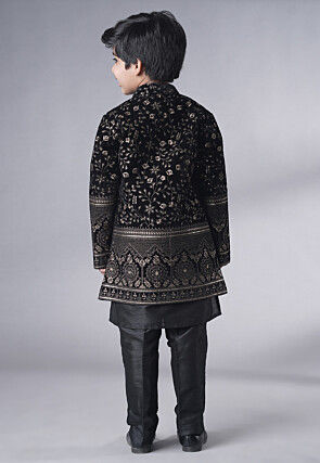 Embroidered Art Silk Sherwani Set in Black