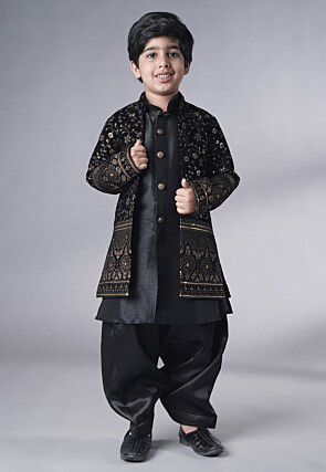 Embroidered Art Silk Sherwani Set in Black