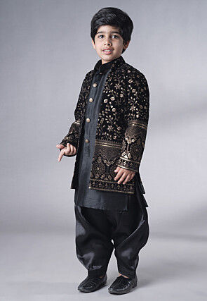Embroidered Art Silk Sherwani Set in Black