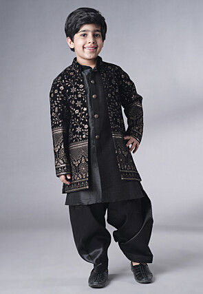 Embroidered Art Silk Sherwani Set in Black